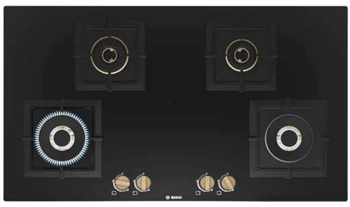 Bosch Built in Gas Hob Black Tempered glass Glass 4 Burner Auto Ignition 90 cm True Brass 2D Ring Burners with Matt Black Heat Shields & Cast Iron pan supports (PNF9B6F20I) - Image 3